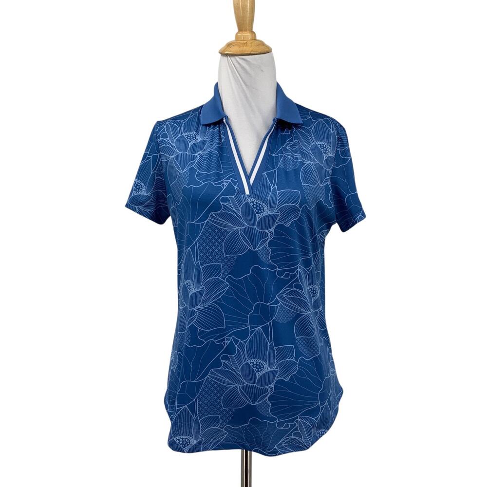 Sport Haley Polo Top Womens S Small Blue Floral Motif V Neck Short Sleeve Golf
